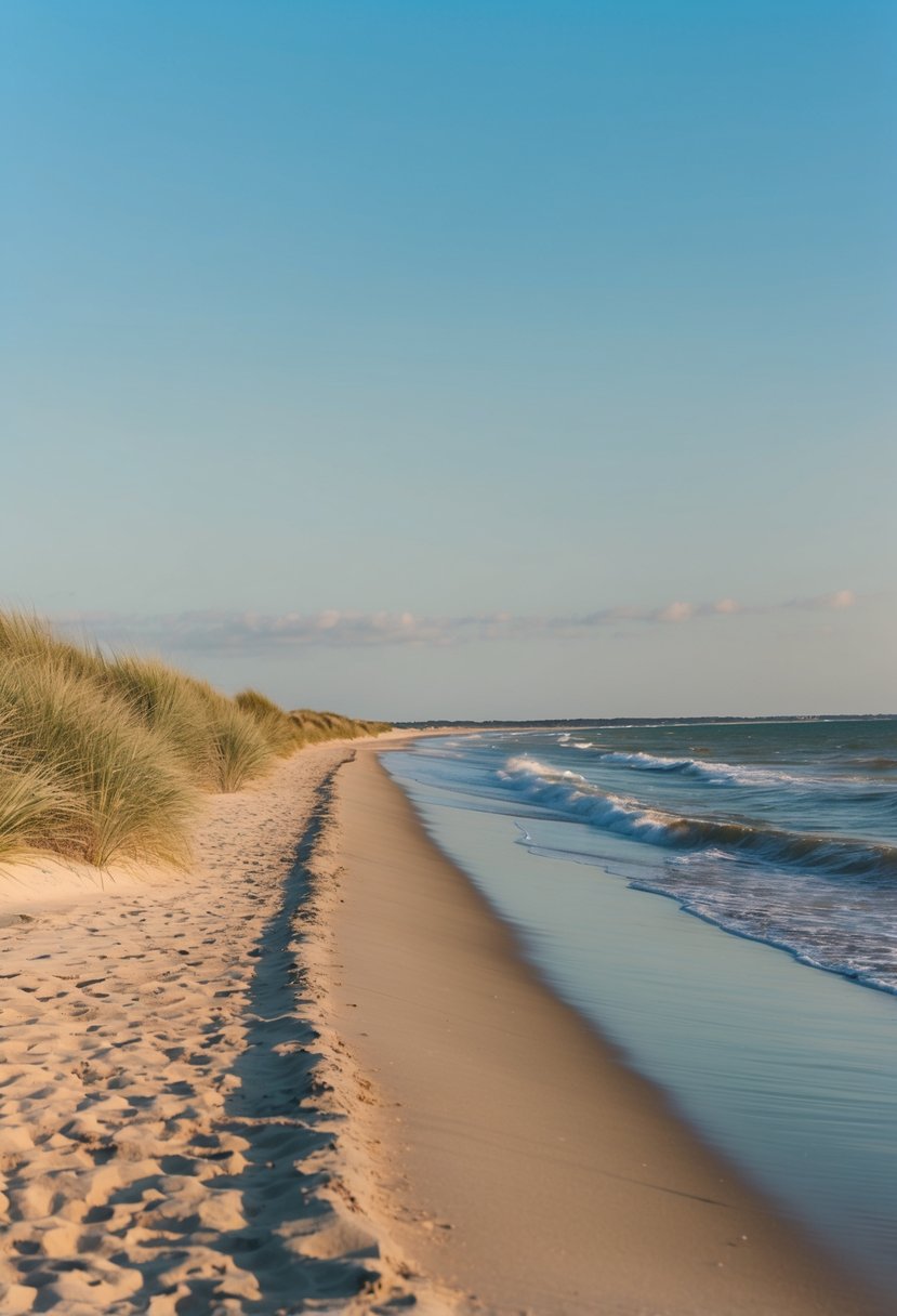 A serene stretch of Carolina Beach, with golden sands and gentle waves, bordered by lush dunes and swaying sea oats