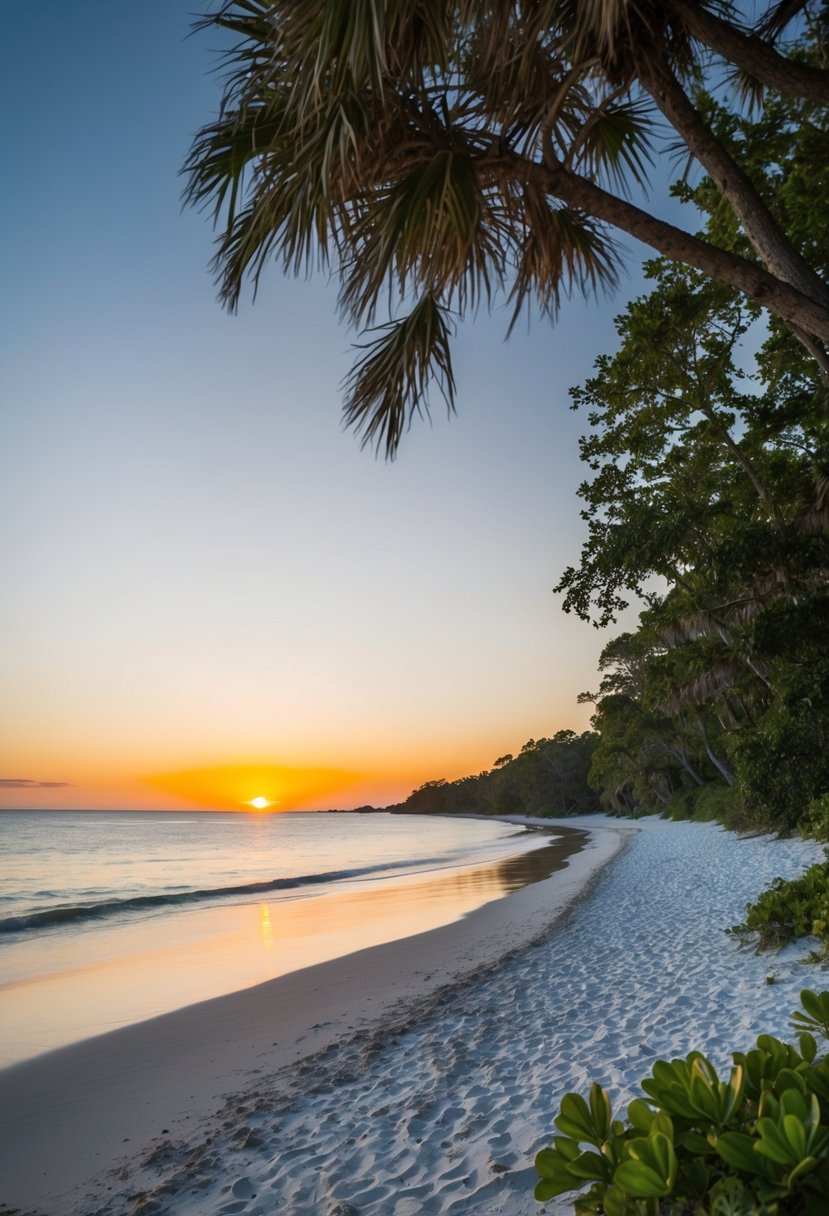 Sunset over a serene beach with emerald waters, white sands, and lush greenery along the North Carolina coast