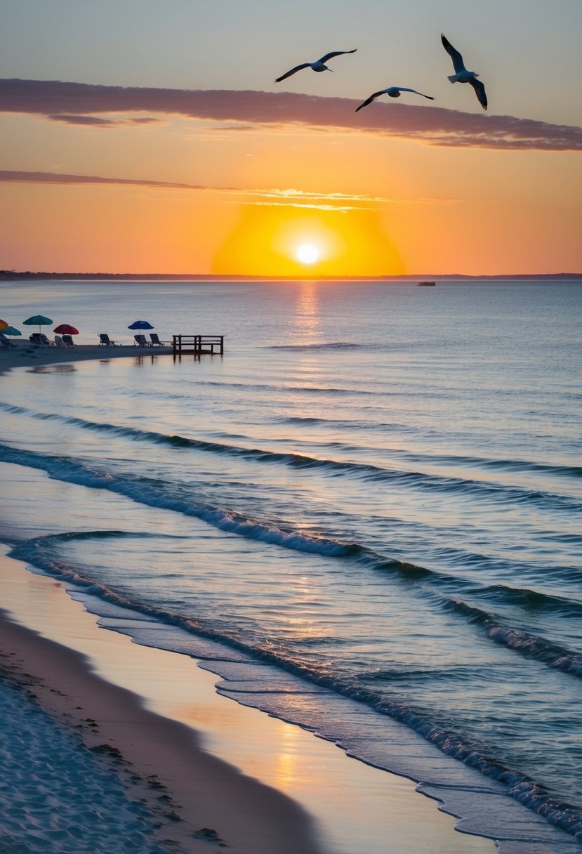 The sun sets over the tranquil shores of North Carolina, with gentle waves lapping against the sandy beaches. Seagulls soar overhead, and colorful beach umbrellas dot the coastline