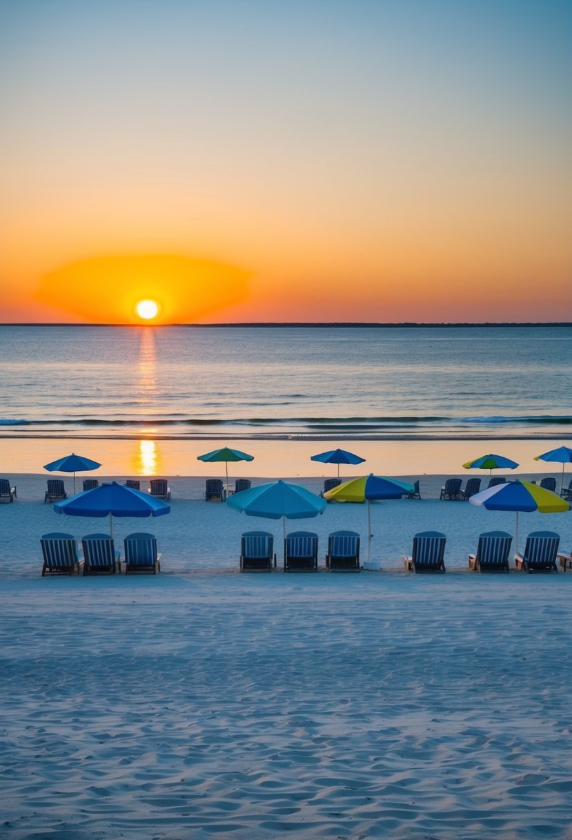 The sun sets over the calm, sandy shores of North Carolina's top 5 beaches, with clear blue waters and colorful beach umbrellas dotting the coastline