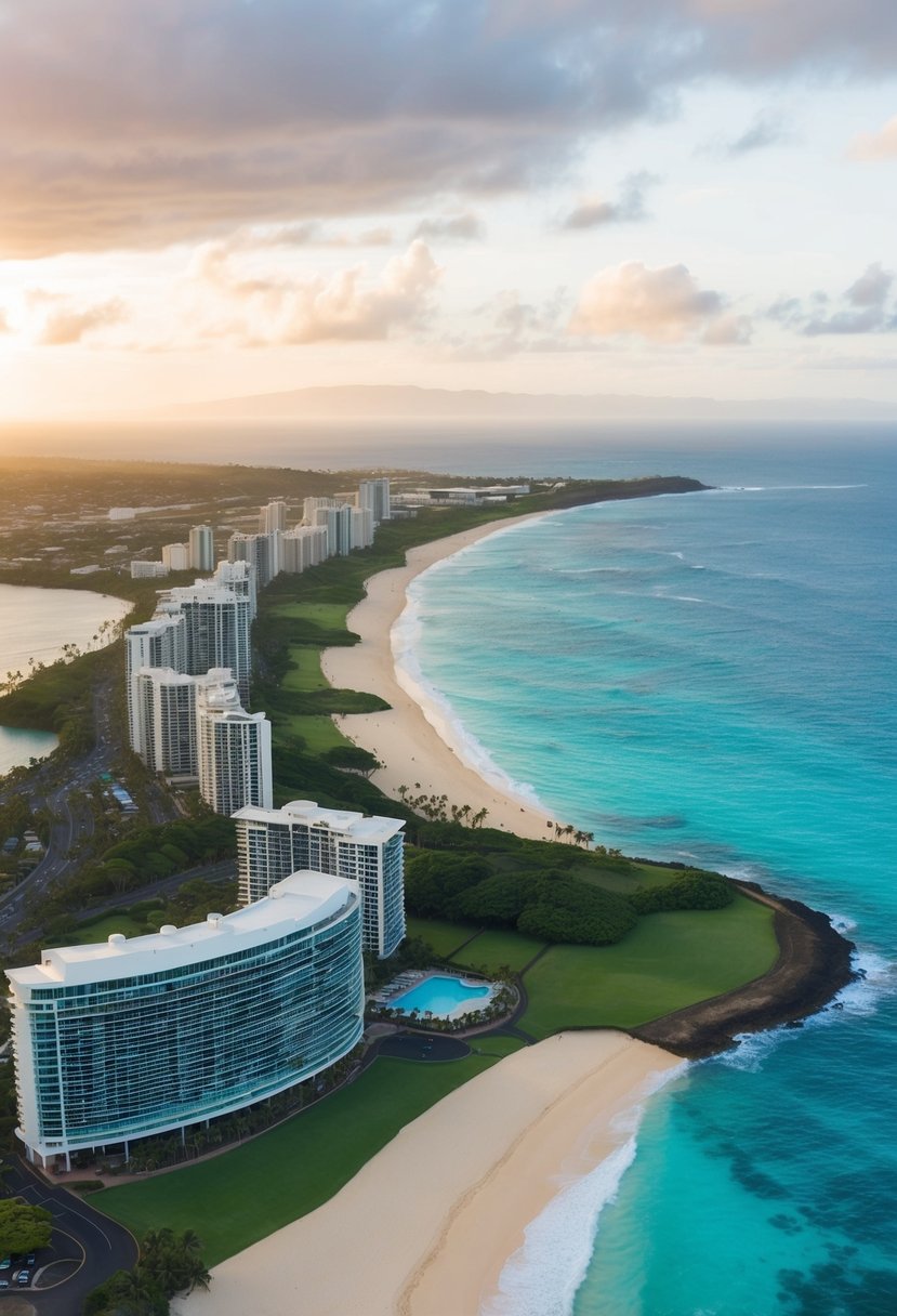 Aerial view of Oahu's best beaches: Waikiki, Lanikai, Sunset, Kailua, Waimanalo, Makapuu, and Ala Moana. White sand, turquoise water, and lush greenery