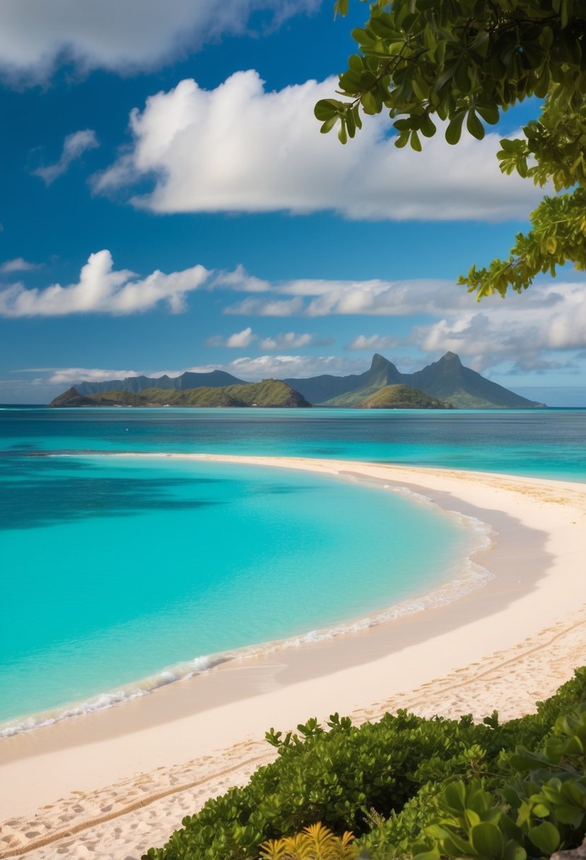 Turquoise waters lap against the soft white sand of Lanikai Beach, framed by lush greenery and the iconic Mokulua Islands in the distance