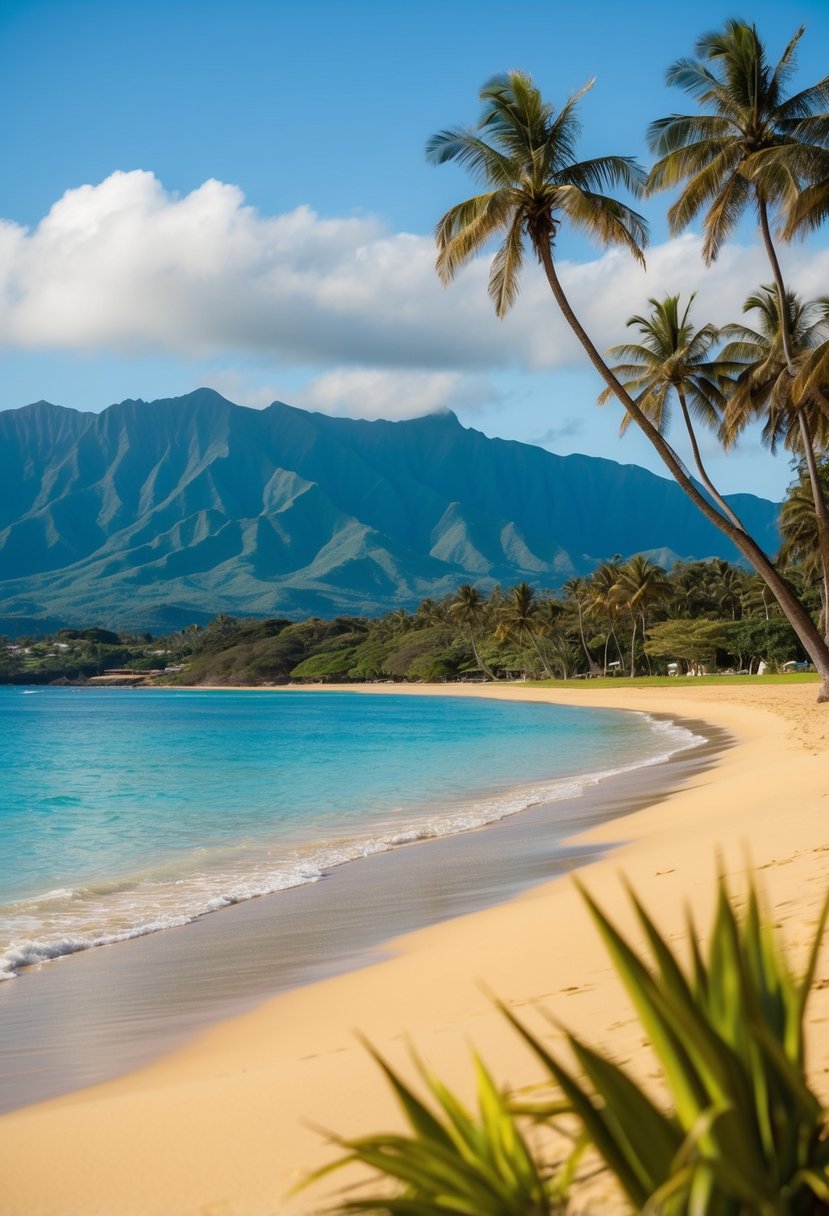 Golden sand, clear blue waters, palm trees, and a backdrop of lush green mountains at Kailua Beach Park, one of the best 7 beaches in Oahu