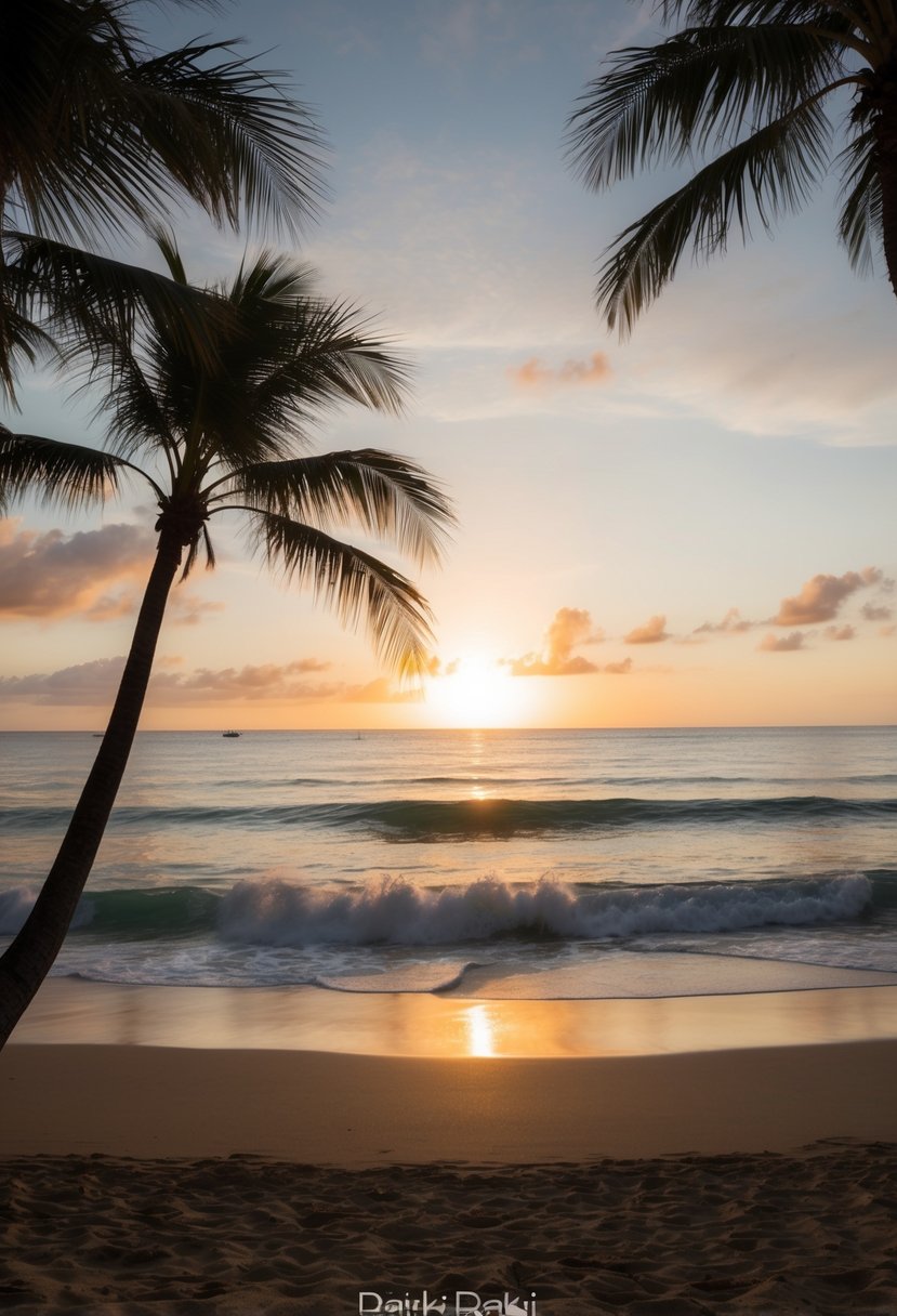 The sun sets over Waikiki Beach, with palm trees swaying in the gentle breeze and the sound of waves crashing against the shore