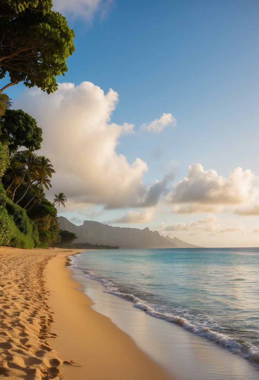 Golden sand stretches along the shore, framed by lush greenery and crystal-clear waters at Waimanalo Beach, one of the best 7 beaches in Oahu