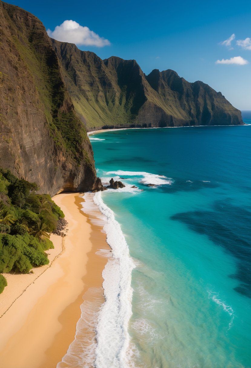 The turquoise waters of Makapu'u Beach lap against the golden sand, with rugged cliffs and lush greenery framing the picturesque coastline