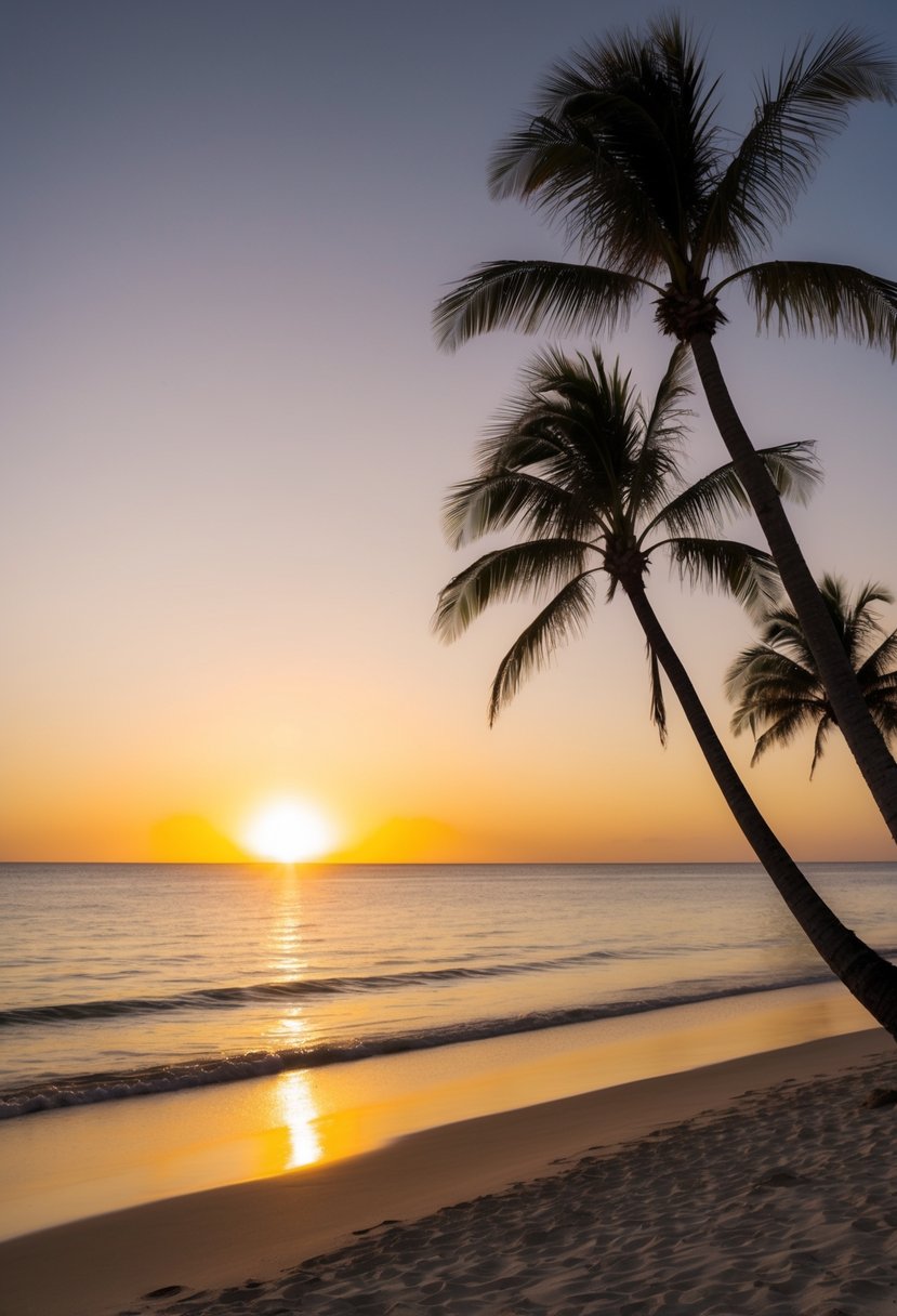 The sun sets over Sunset Beach, casting a warm, golden glow over the sandy shore and calm, turquoise waters. Palm trees sway gently in the breeze, creating a serene and picturesque scene