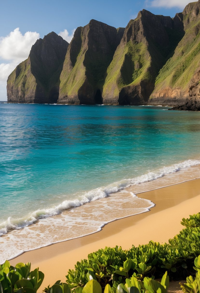 The crystal-clear waters of Hanauma Bay lap gently against the golden sand, surrounded by lush greenery and rugged cliffs, making it one of the best beaches in Oahu