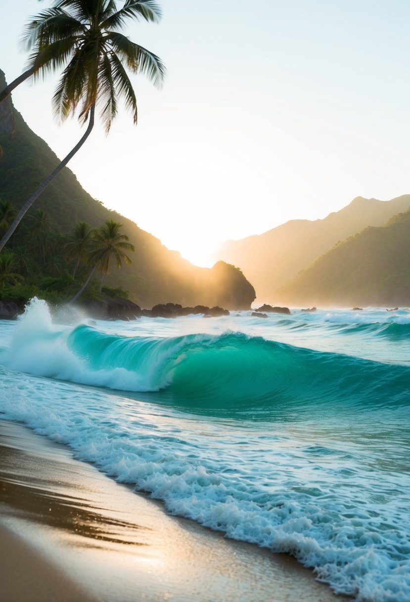 Turquoise waves crash against golden shores, framed by lush green mountains and swaying palm trees. White foam froths at the water's edge, as the sun casts a warm glow over the idyllic scene
