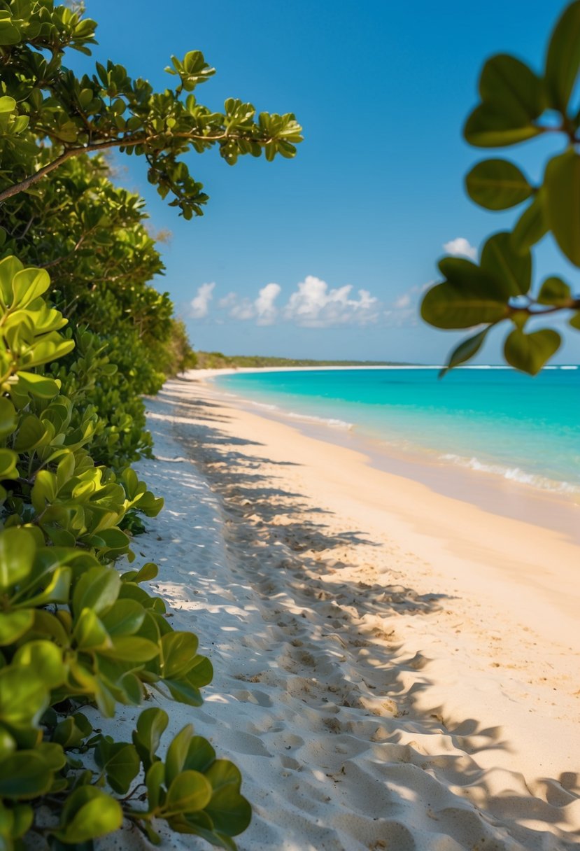 Golden sand stretches along turquoise waters at Four Mile Beach, framed by lush greenery and a clear blue sky