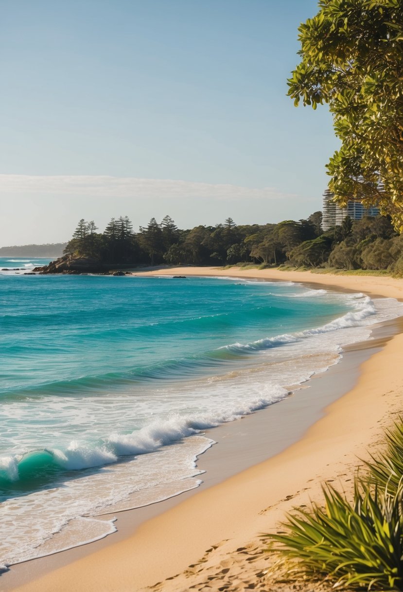 Golden sand meets turquoise waves at Noosa Main Beach, with lush greenery lining the shore. A perfect beach day in Queensland