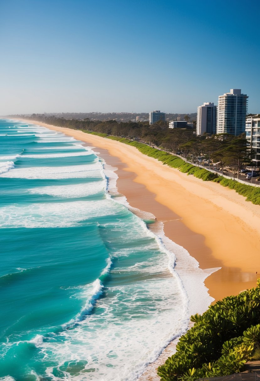 Golden sand meets turquoise waves at Burleigh Heads Beach, with lush greenery lining the shore and a clear blue sky overhead