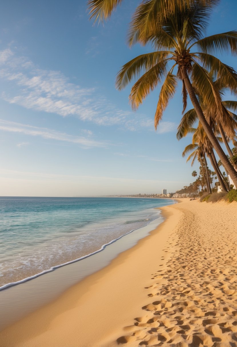 The golden sand stretches along the coastline, meeting the crystal-clear waters of Mission Beach. Palm trees sway in the gentle breeze, framing the idyllic scene