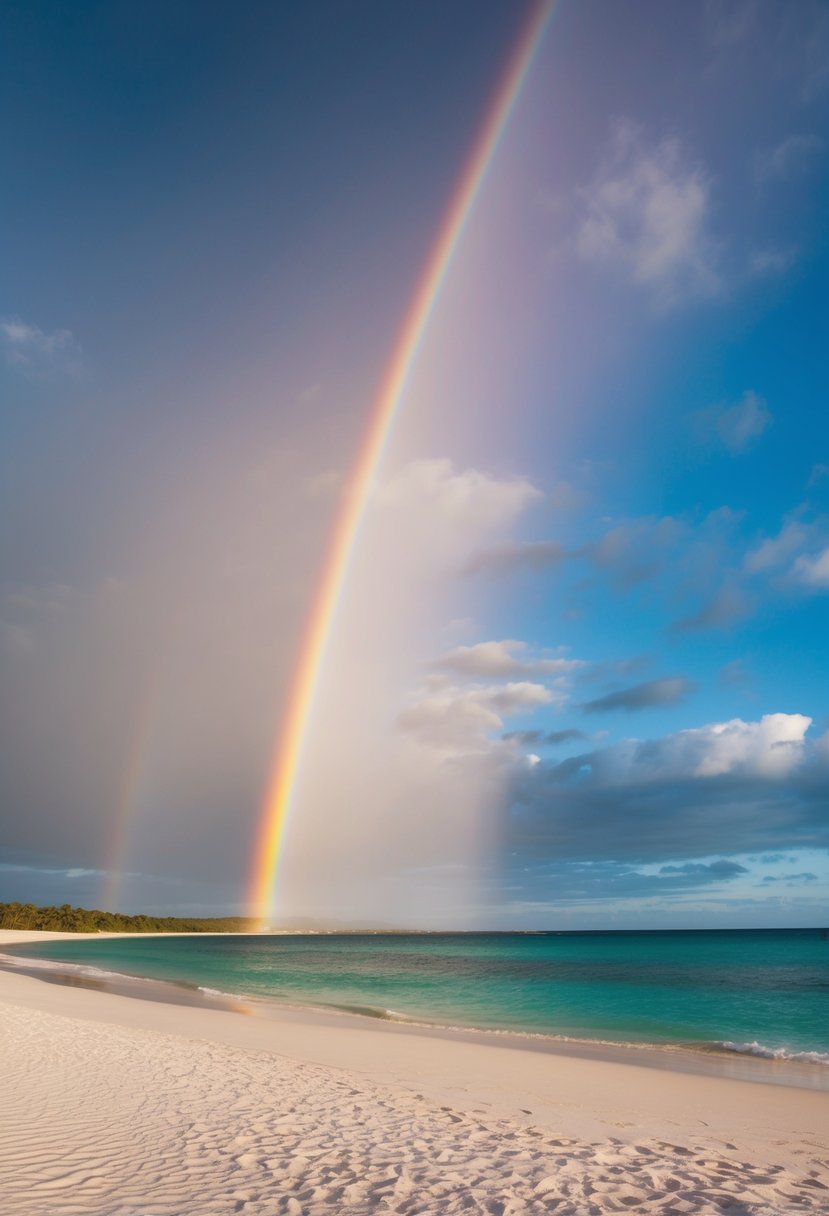 A vibrant rainbow stretches across the sky, casting a colorful glow over the pristine white sand and crystal-clear waters of Rainbow Beach in Queensland