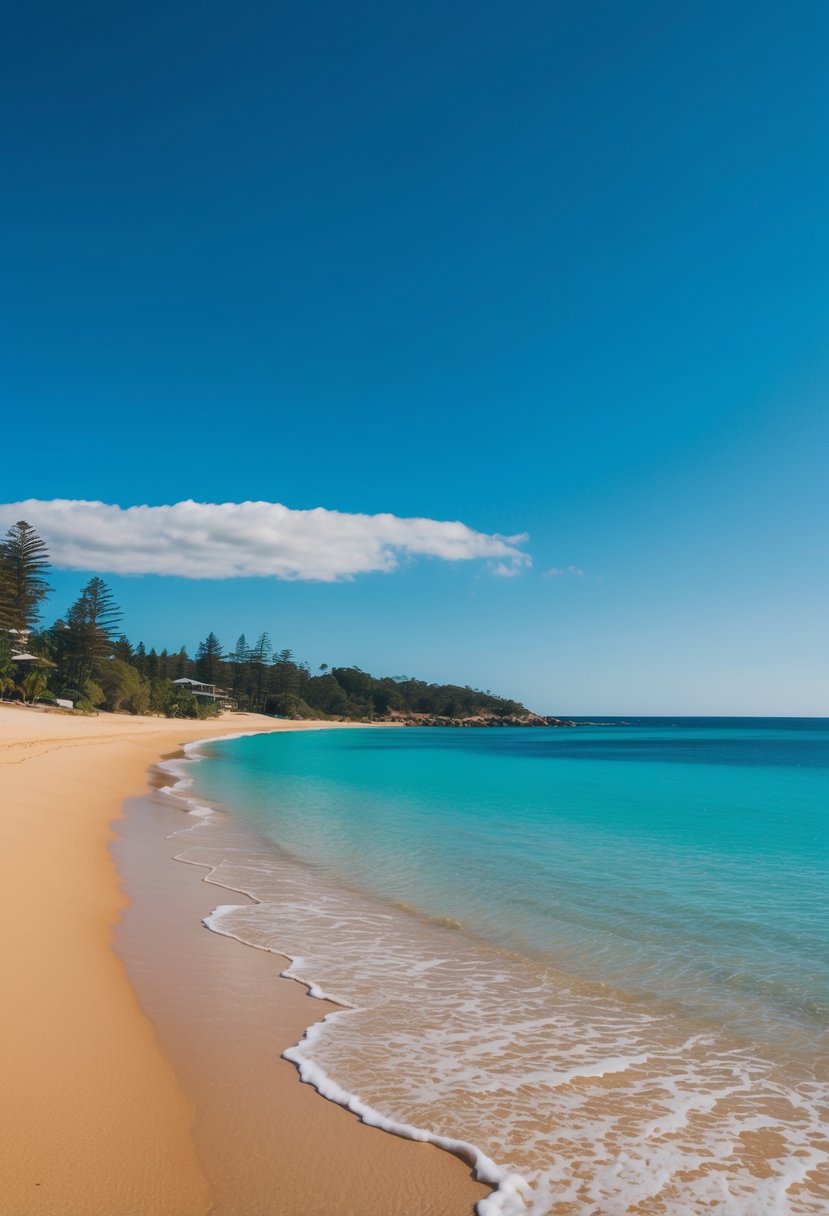 Golden sand meets turquoise water under clear blue skies at Palm Cove Beach, one of Queensland's best beaches