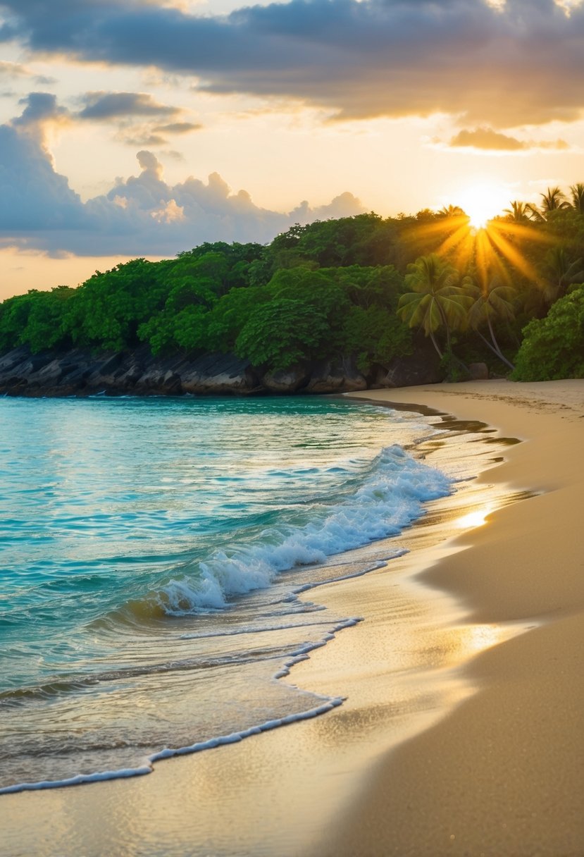 A serene beach with golden sand, crystal clear waters, and lush greenery. Gentle waves lap against the shore, while the sun sets in the distance