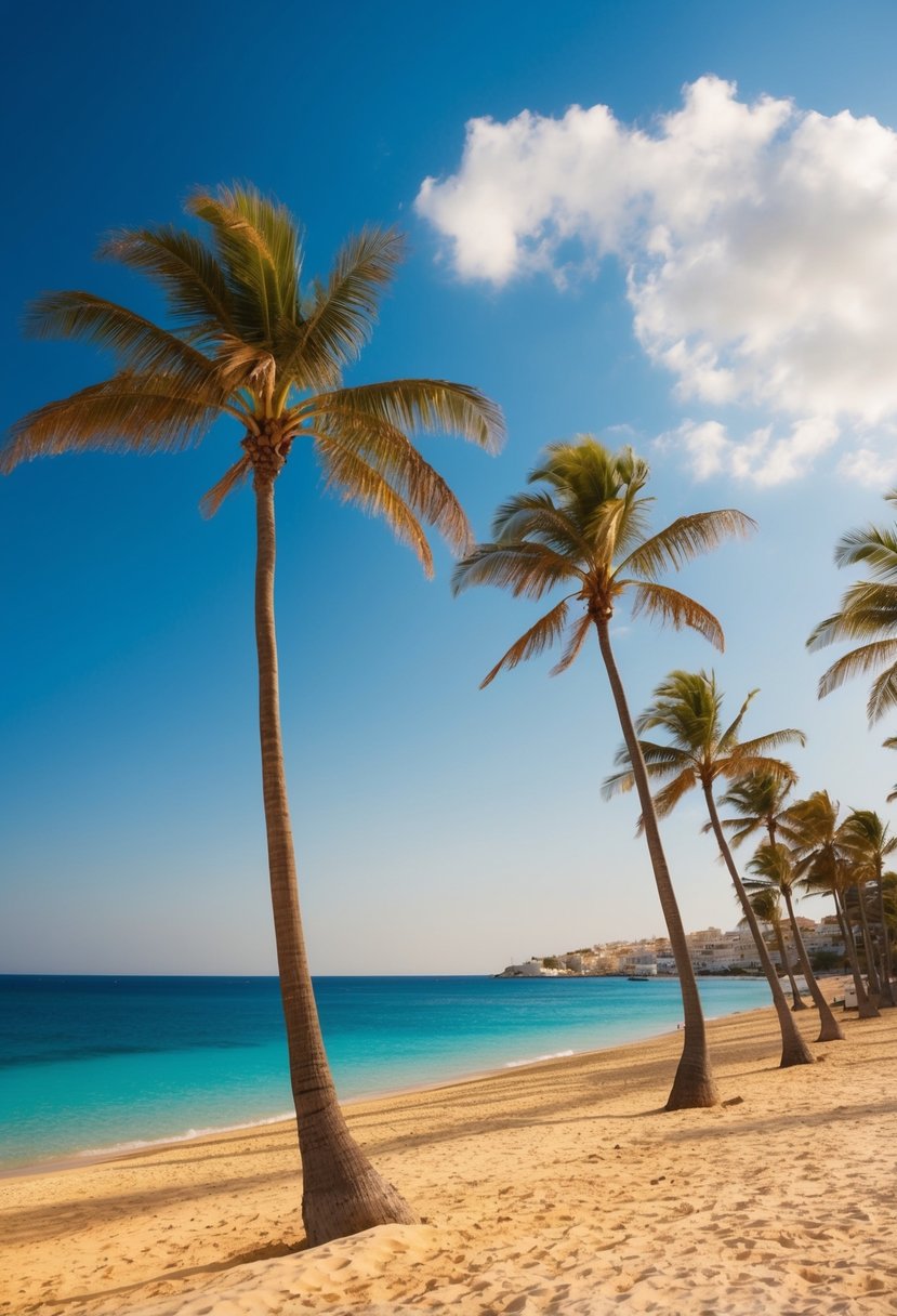 The golden sands of Faliraki Beach stretch along the clear blue waters of Rhodes, with palm trees swaying in the gentle sea breeze