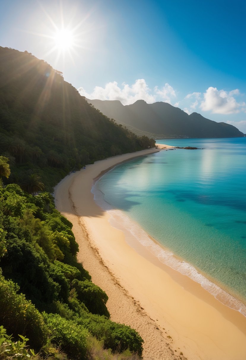 A serene beach with golden sand, crystal clear waters, and lush greenery along the coastline. The sun shines brightly in the blue sky, creating a picturesque scene at Agathi Beach in Rhodes