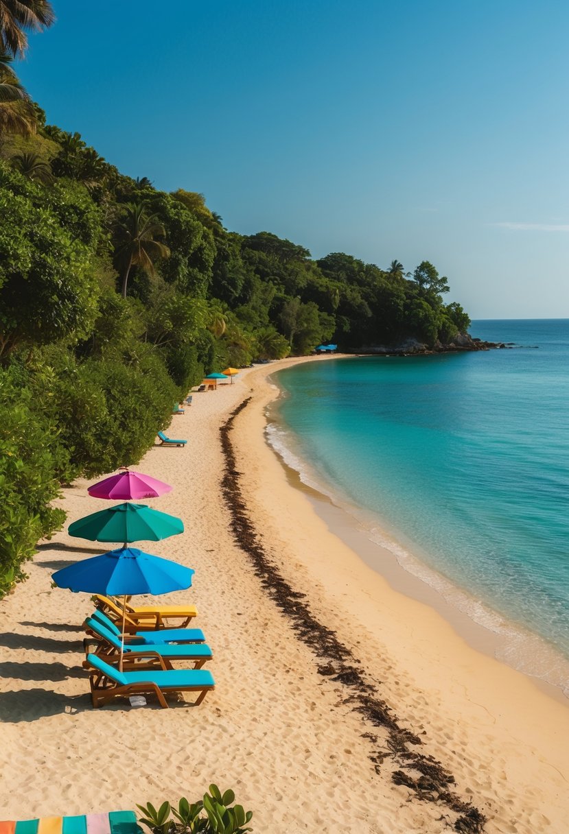 A tranquil beach with golden sand, clear blue waters, and lush greenery along the coastline. A few colorful umbrellas and lounge chairs dot the shoreline