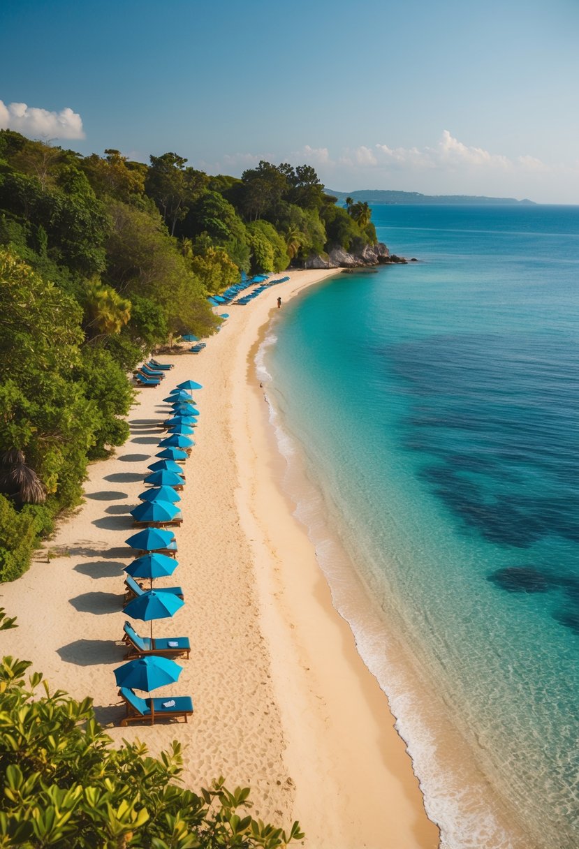 A serene beach with golden sand, crystal clear waters, and lush greenery along the coastline. A few scattered umbrellas and lounge chairs dot the shore