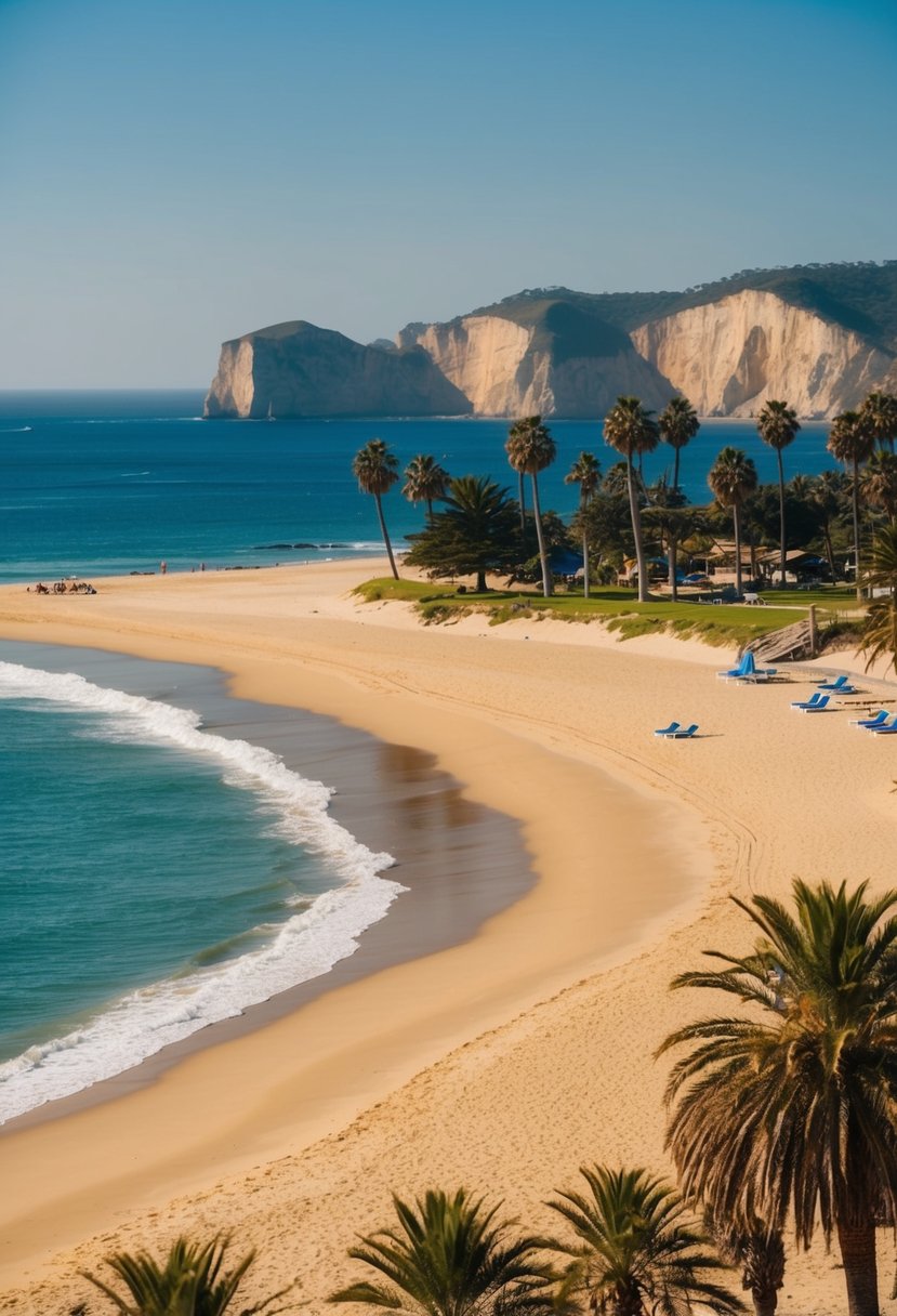 Golden sand, clear blue waters, palm trees, and distant cliffs make up the serene and picturesque scene of one of the best beaches in the USA