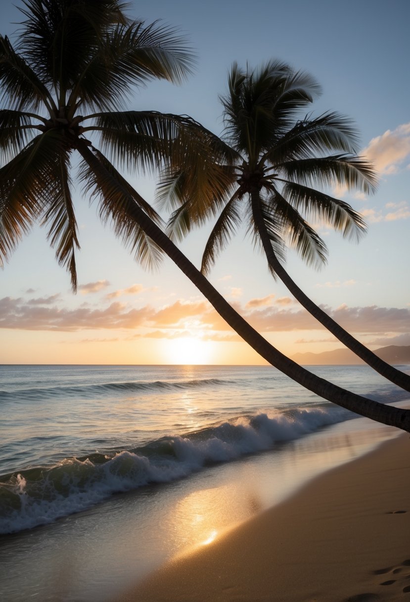 The sun sets over Waikiki Beach, with palm trees swaying and gentle waves rolling onto the golden sand