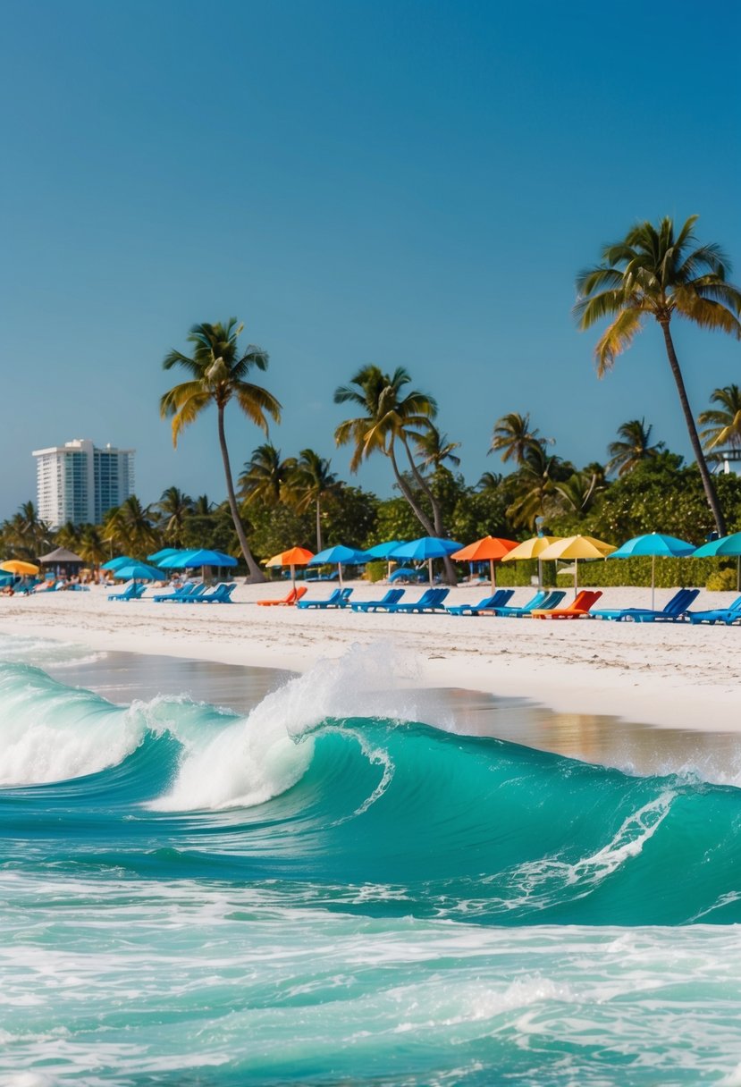 Turquoise waves crash onto the white sandy shore of South Beach, Florida, with colorful beach umbrellas dotting the coastline. Palm trees sway in the warm ocean breeze under a clear blue sky