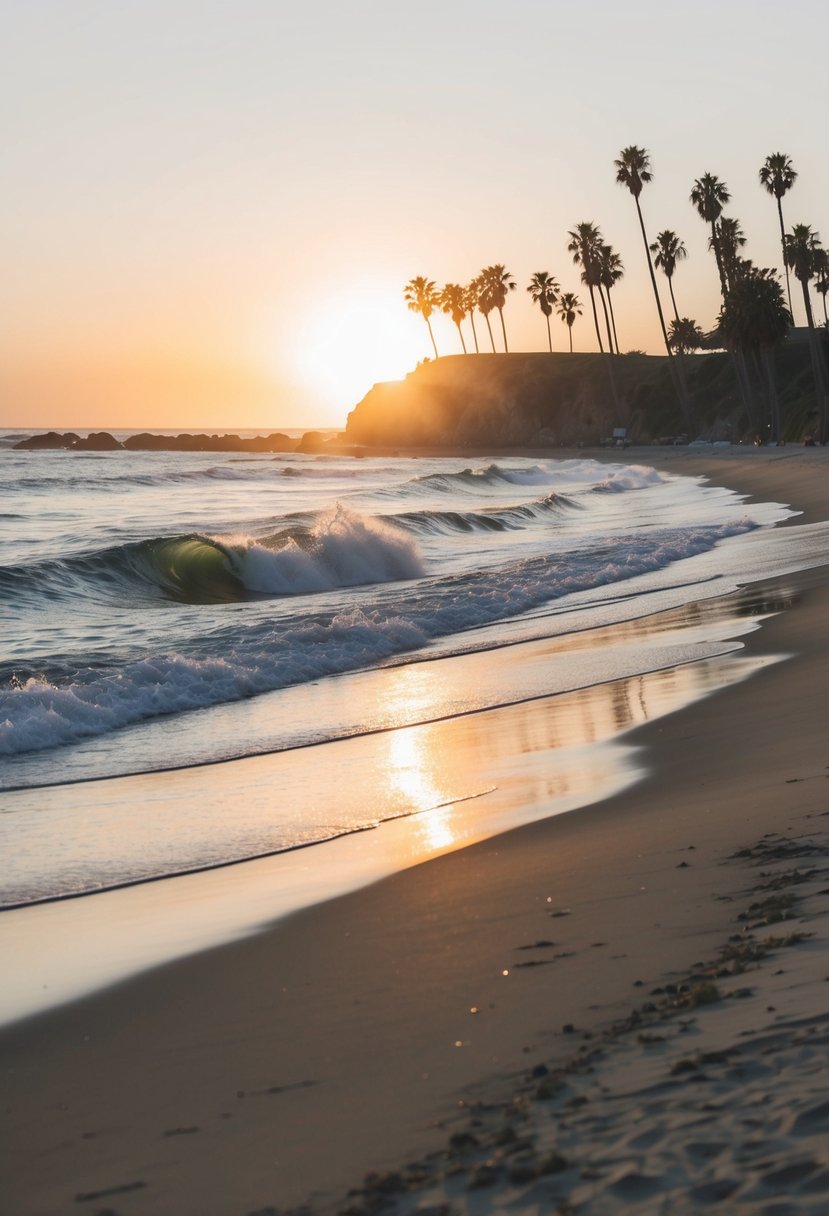 The sun sets over the sandy shores of Malibu Beach, with gentle waves crashing against the coastline and palm trees swaying in the warm breeze