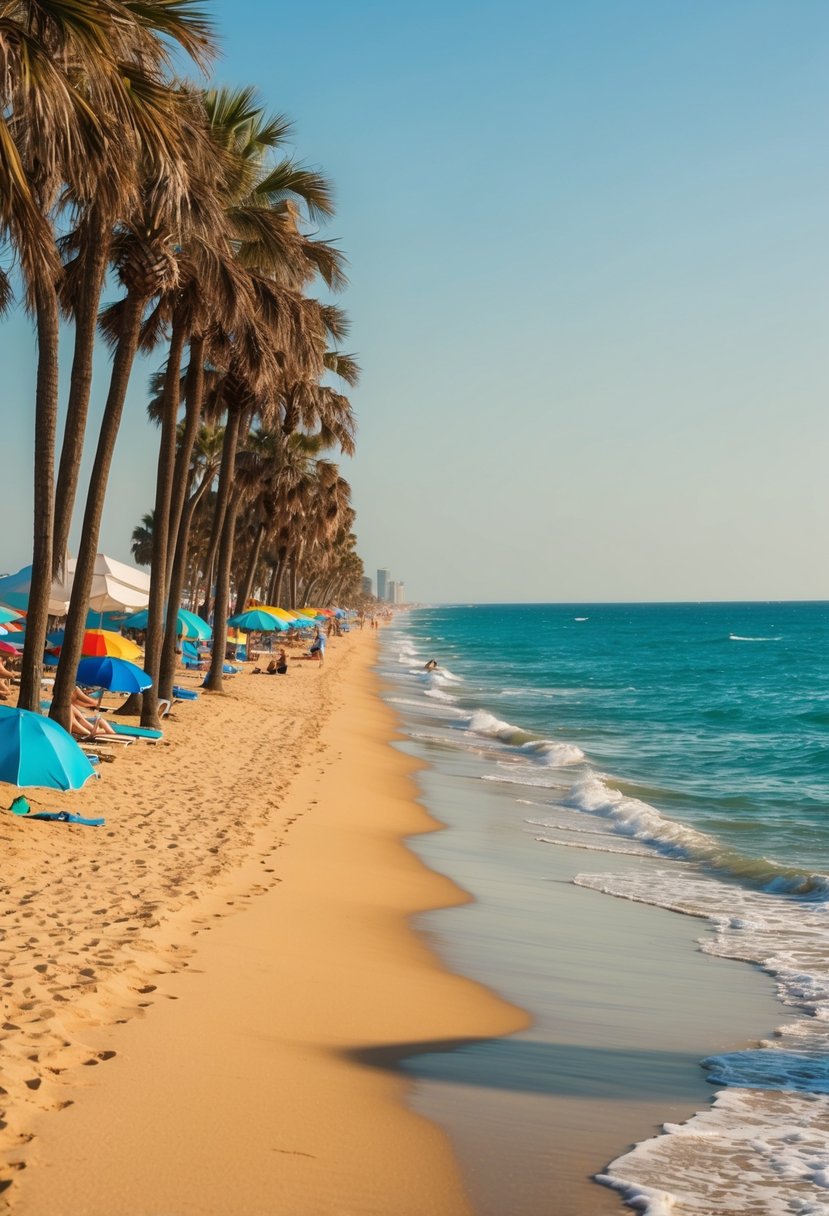 Golden sand stretches along the coast, meeting the sparkling turquoise waters of Myrtle Beach, South Carolina. Palm trees sway in the gentle breeze, while beachgoers relax under colorful umbrellas