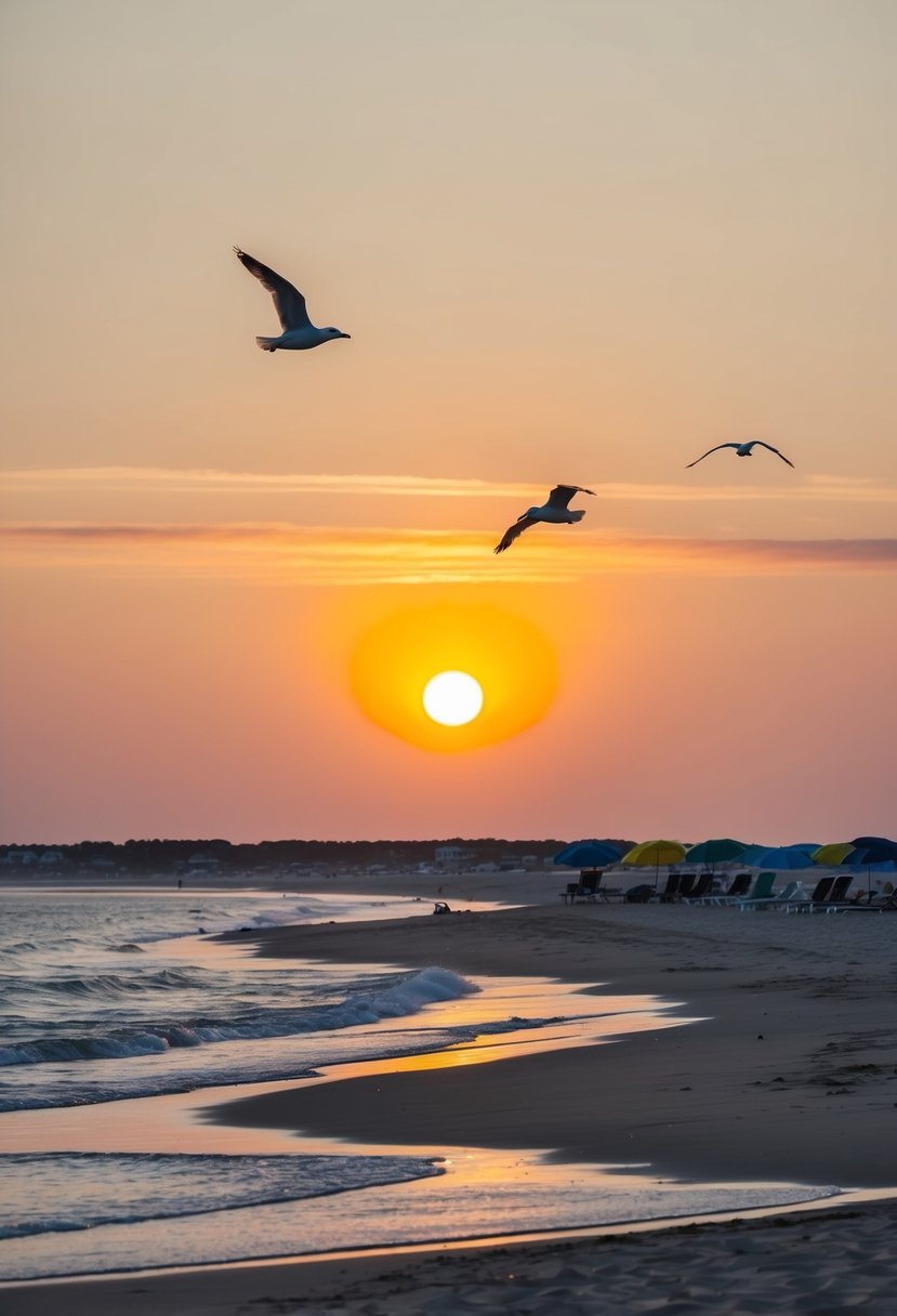 The sun sets over the sandy shores of Cape Cod, with gentle waves lapping at the coastline, seagulls soaring overhead, and colorful beach umbrellas dotting the landscape