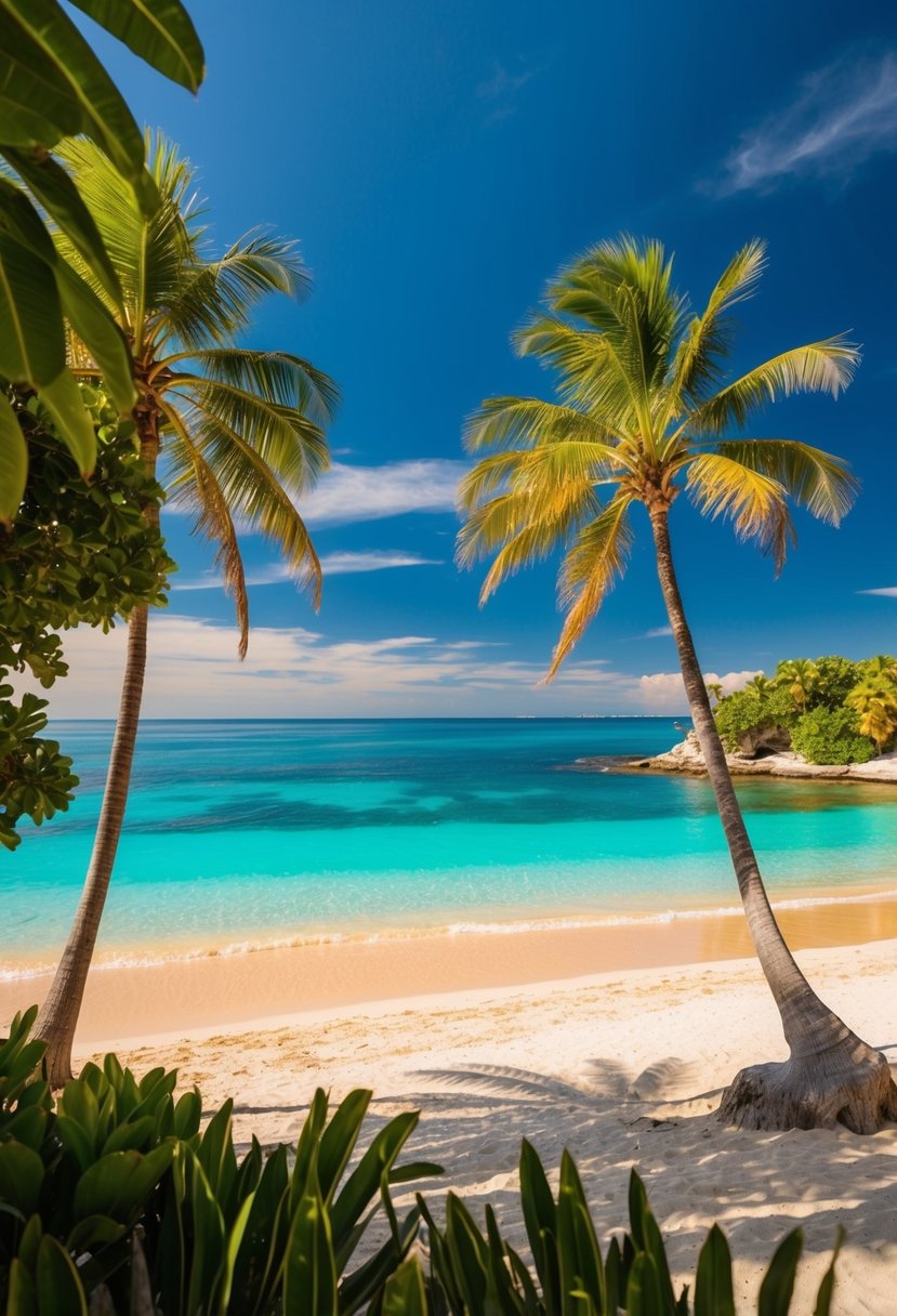 A sunny beach with turquoise waters, golden sand, and palm trees, surrounded by lush greenery and clear blue skies