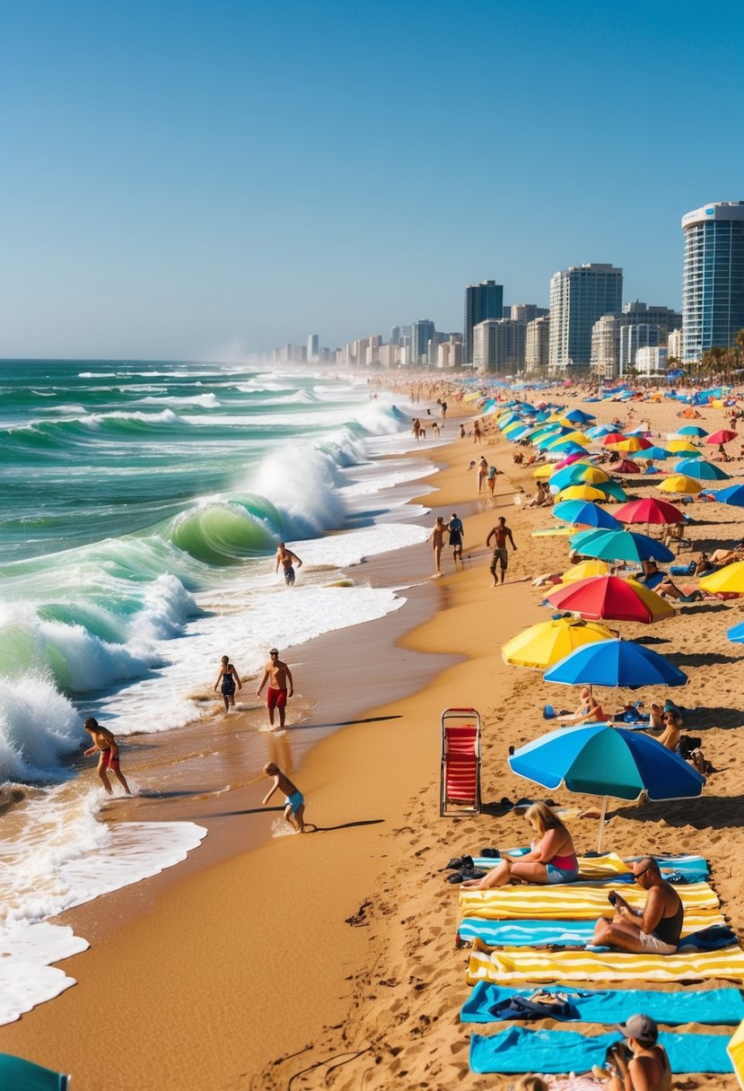 Golden sand, crashing waves, and vibrant beach umbrellas line the shore of a popular beach in the USA. Families play in the surf and sunbathe on colorful towels under the clear blue sky