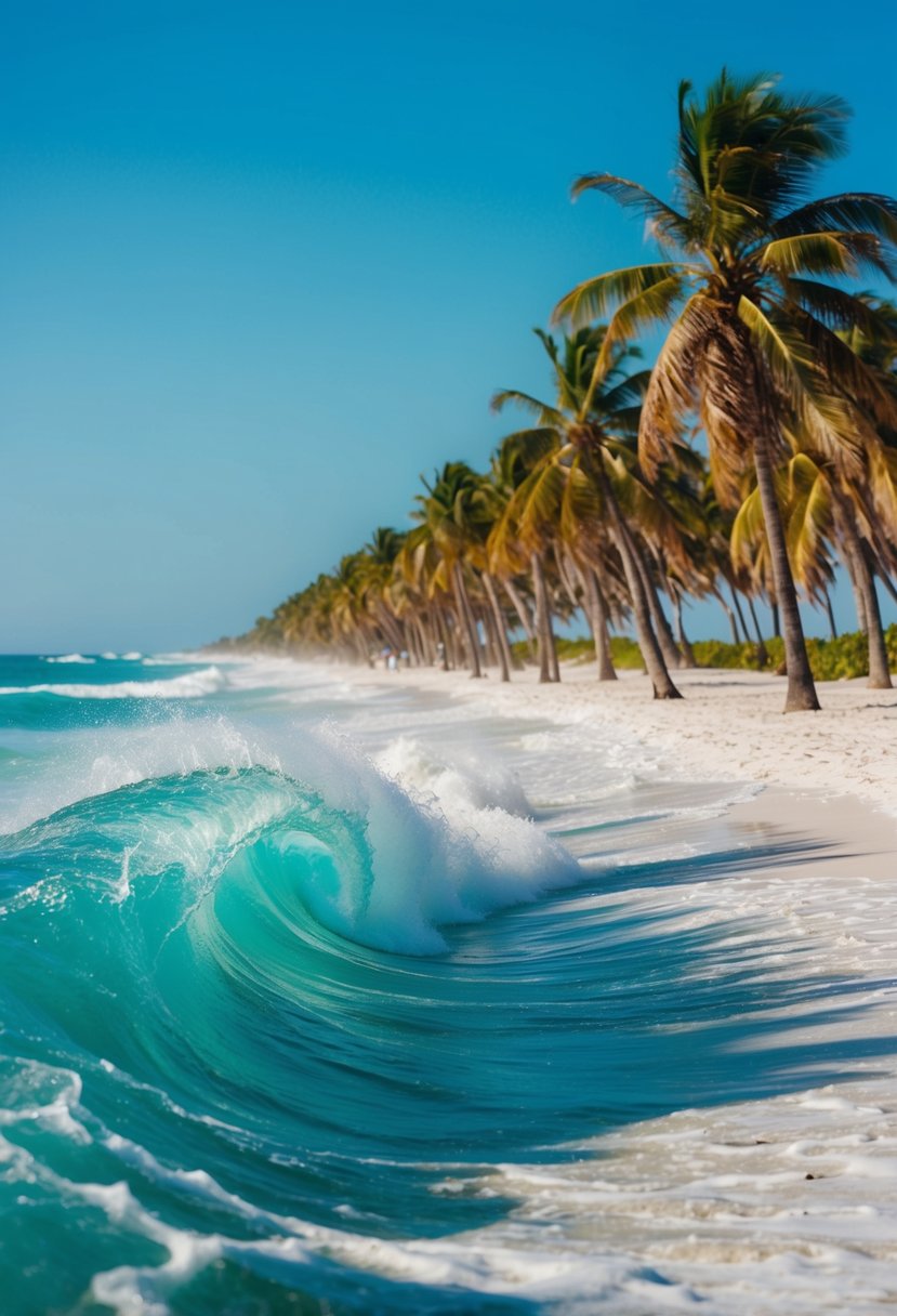 Turquoise waves crash against white sand beaches lined with palm trees, under a clear blue sky in Yucatan