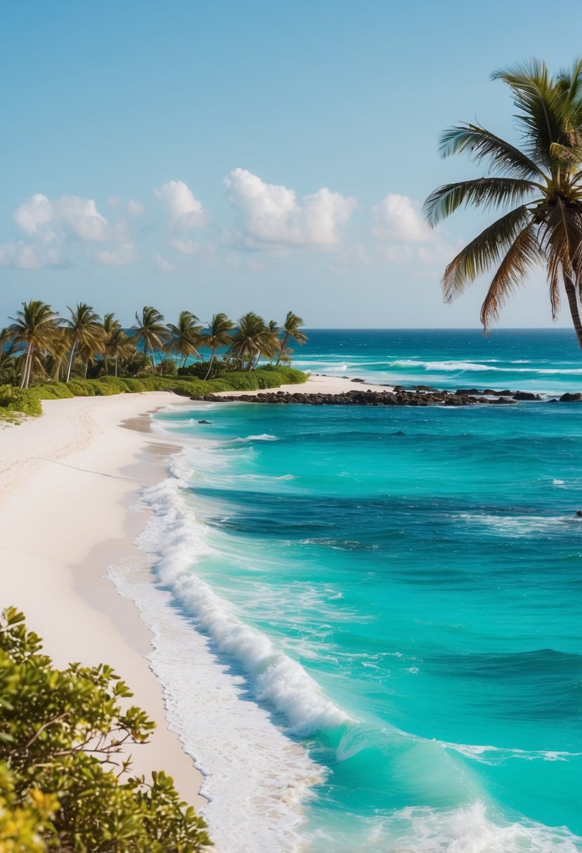 A pristine beach with turquoise waters, white sand, and palm trees lining the shore. Waves gently crash against the coastline, creating a serene and picturesque scene