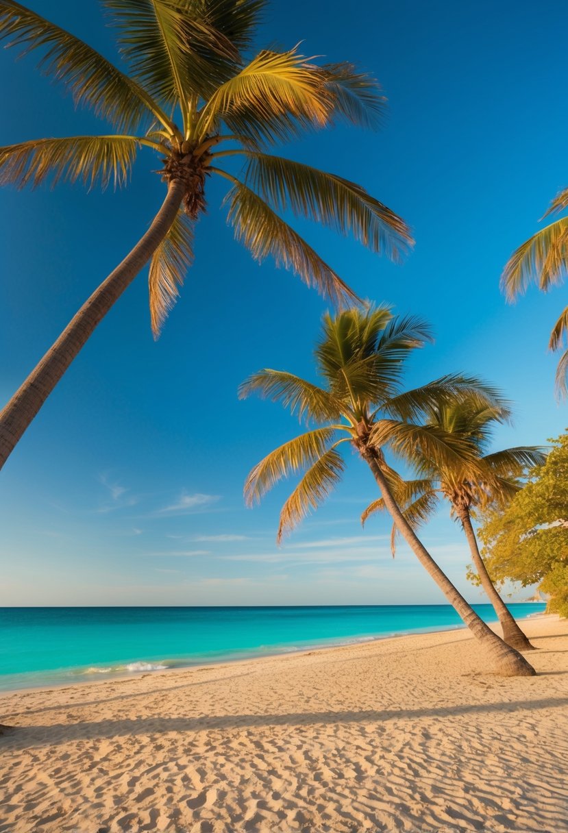 A serene beach scene with golden sand, turquoise waters, palm trees, and a clear blue sky at Progreso Beach in Yucatan