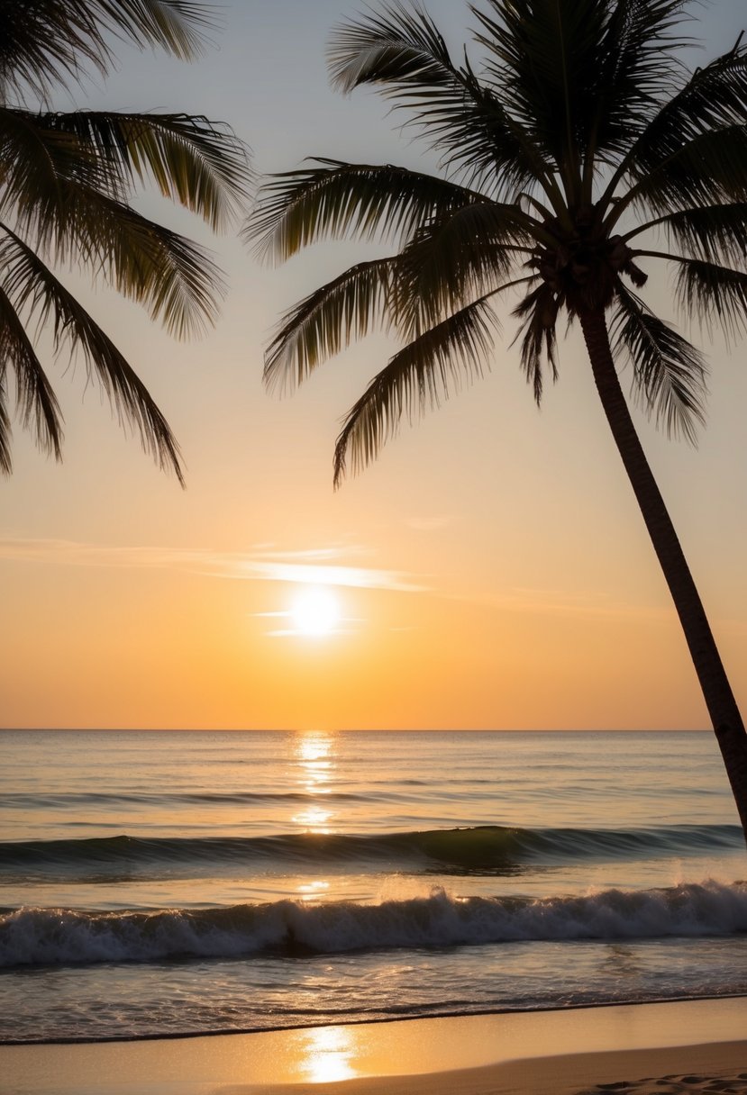 The sun sets over Celestún Beach, with gentle waves lapping at the golden sand and palm trees swaying in the warm breeze