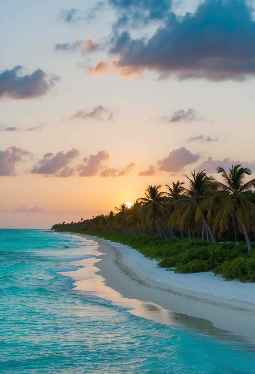 The sun sets over the pristine coastline of Yucatan, with turquoise waters lapping against white sandy beaches lined with palm trees