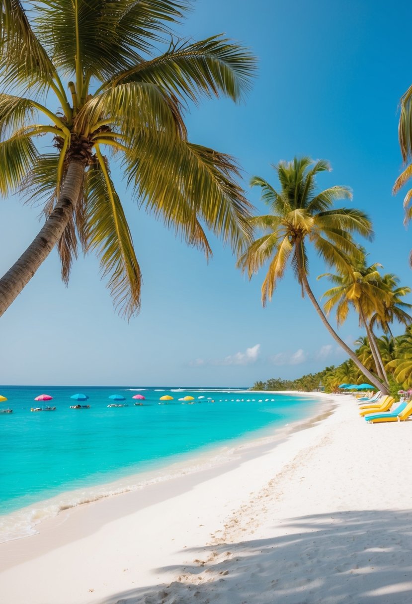 Turquoise waters lap against white sand, fringed by lush palm trees and dotted with colorful umbrellas. A gentle breeze carries the scent of salt and sunscreen