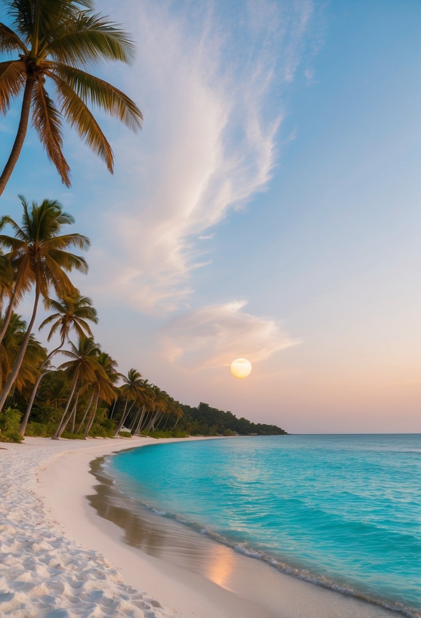 A serene beach with white sand, turquoise water, and palm trees lining the shore. The sun sets in the distance, casting a warm glow over the landscape