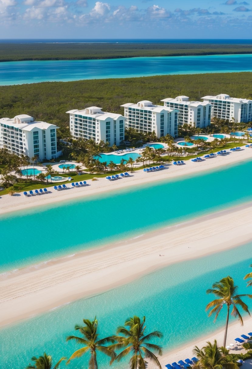 Aerial view of 5 idyllic US beaches with crystal-clear waters, palm trees, and white sandy shores, surrounded by luxurious all-inclusive resorts