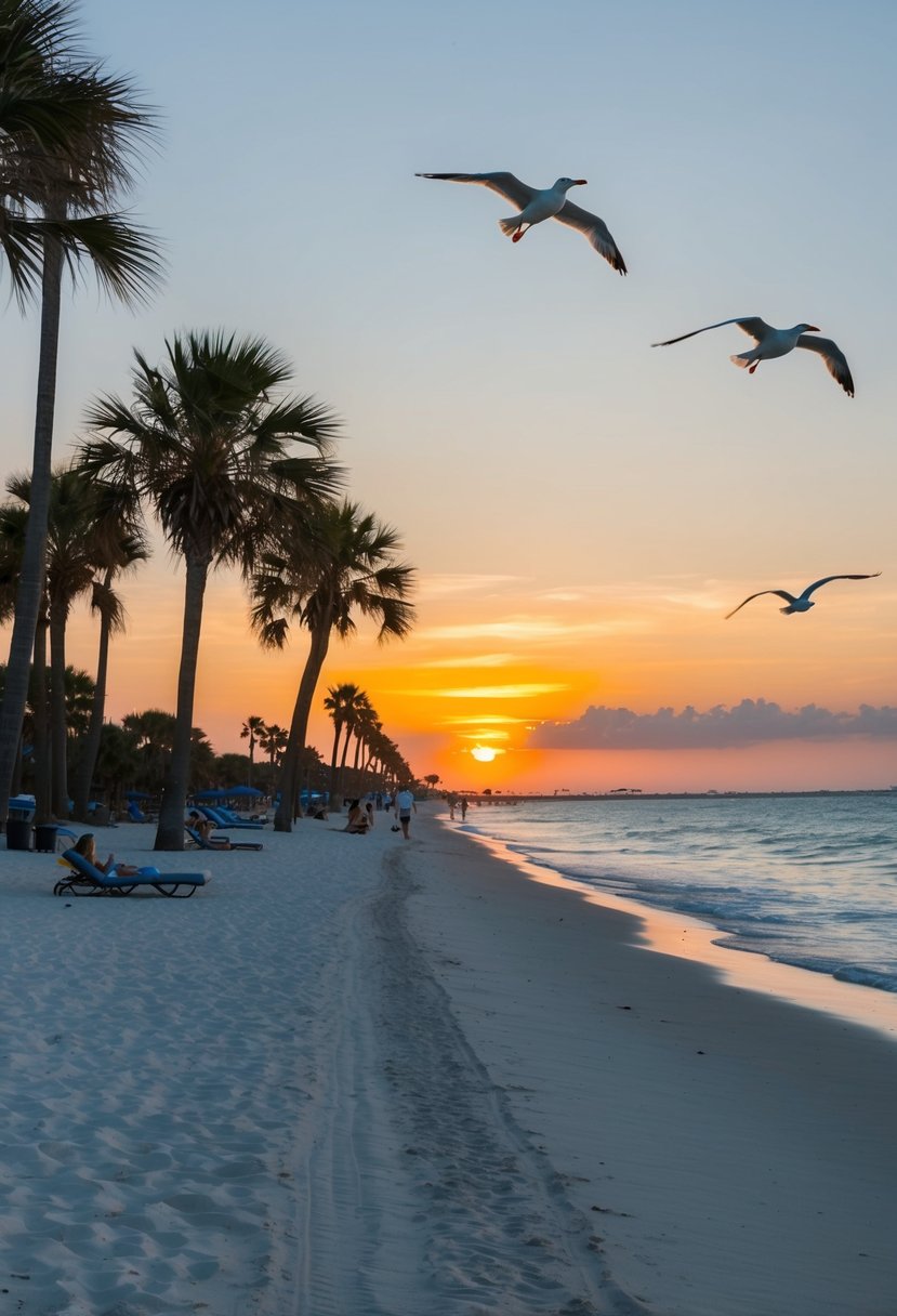 Sunset over the sandy shores of South Padre Island, with crystal clear waters and palm trees lining the beach. A few beachgoers lounge in the distance, while seagulls soar overhead