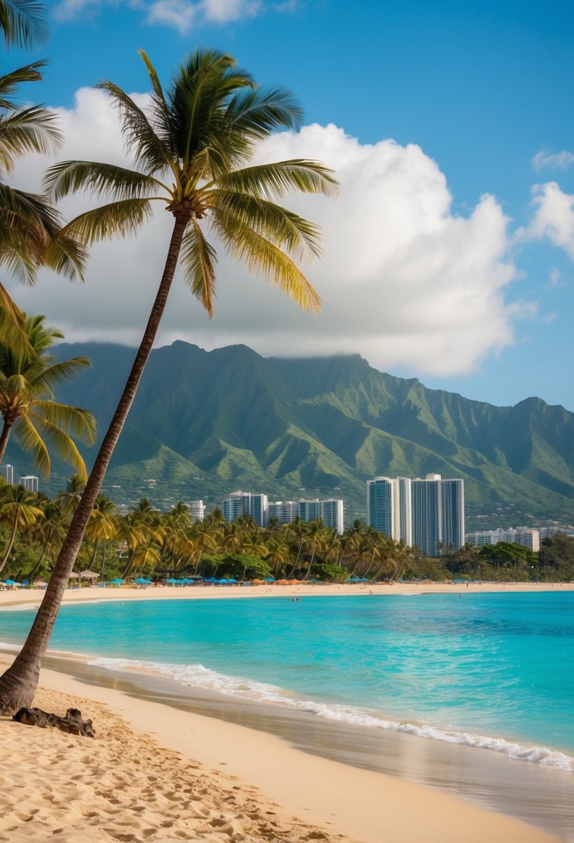 A vibrant Waikiki Beach scene with palm trees, turquoise waters, and a sandy shore, set against a backdrop of lush green mountains