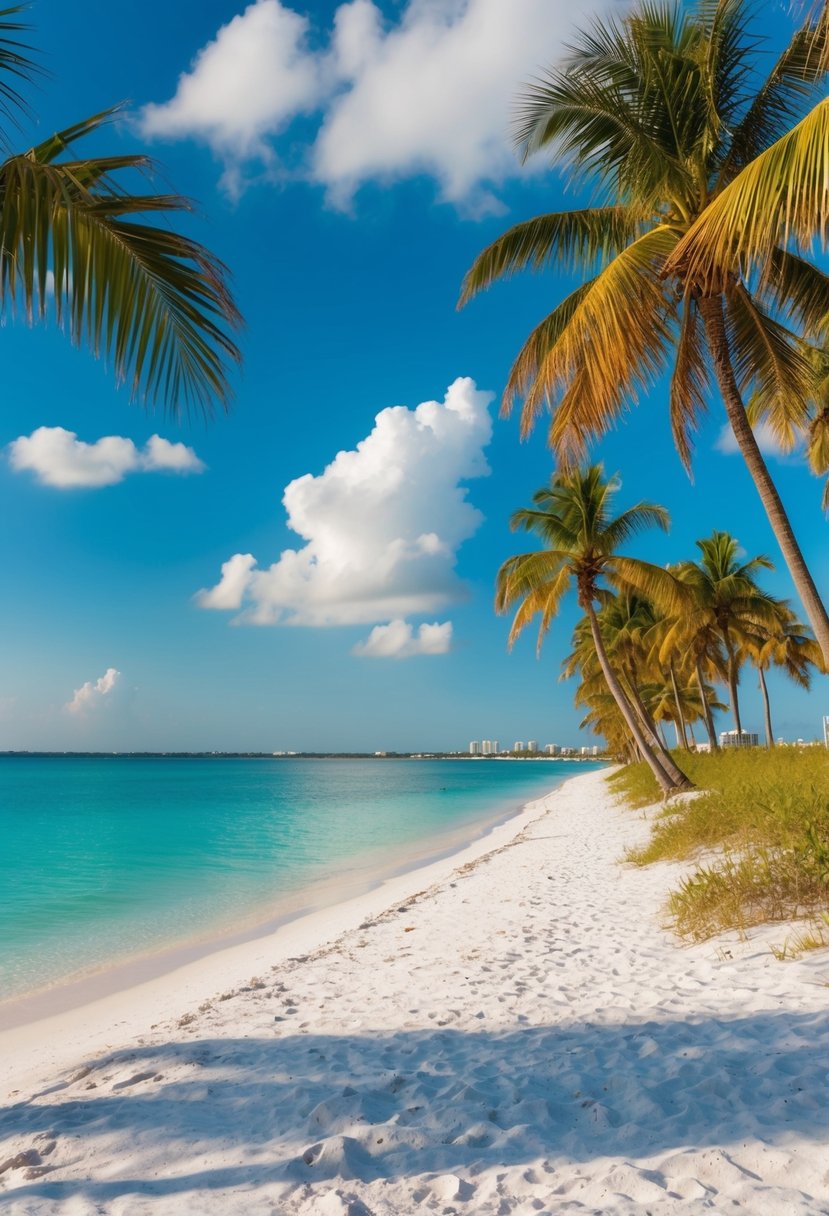 A serene scene of Clearwater Beach, with white sand, clear blue water, and palm trees lining the shore