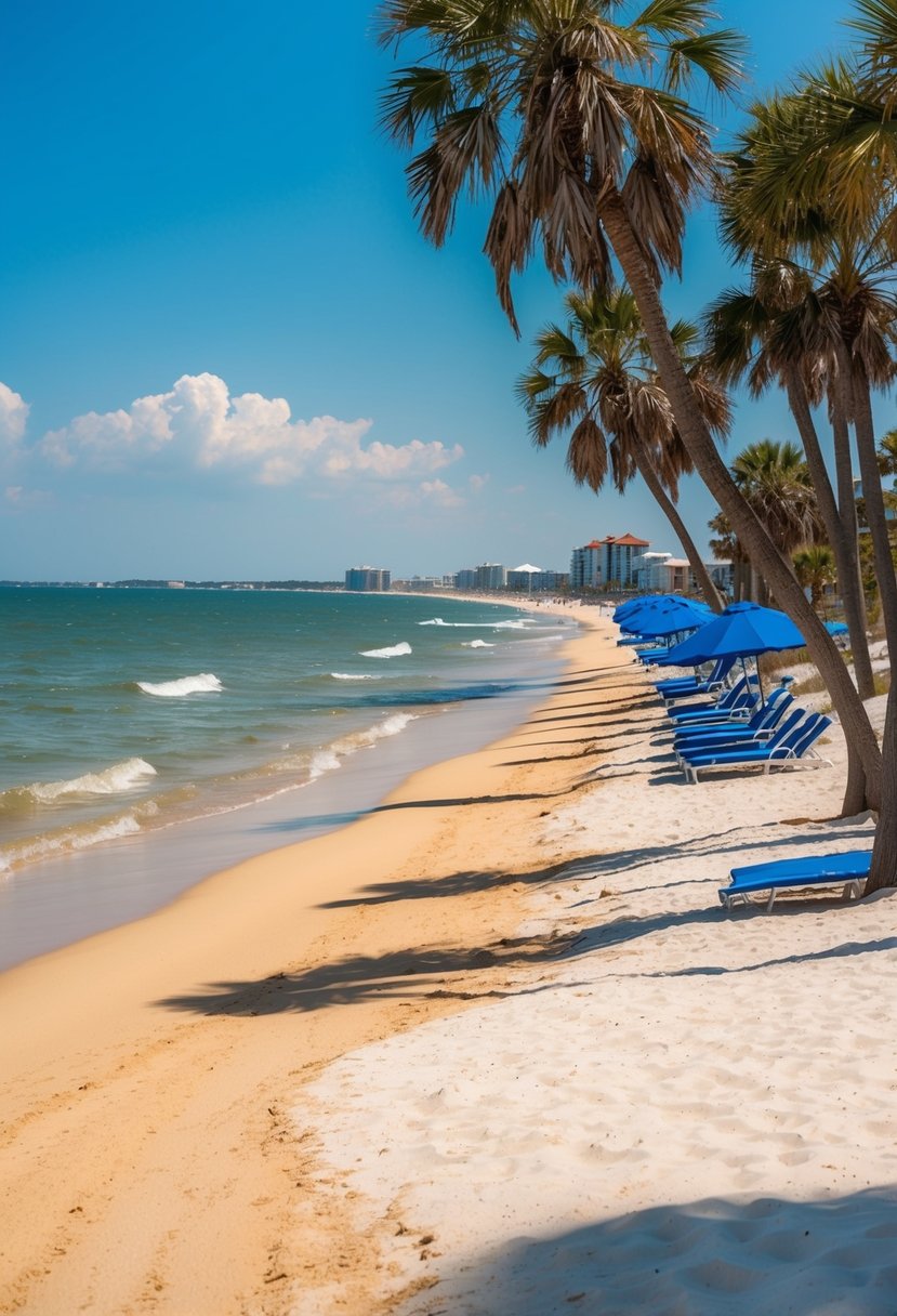 Golden sands, clear blue waters, palm trees, and beach umbrellas dot the coastline of Myrtle Beach, South Carolina. The sun shines down on the top 5 best beaches in the US, creating a picturesque and inviting scene