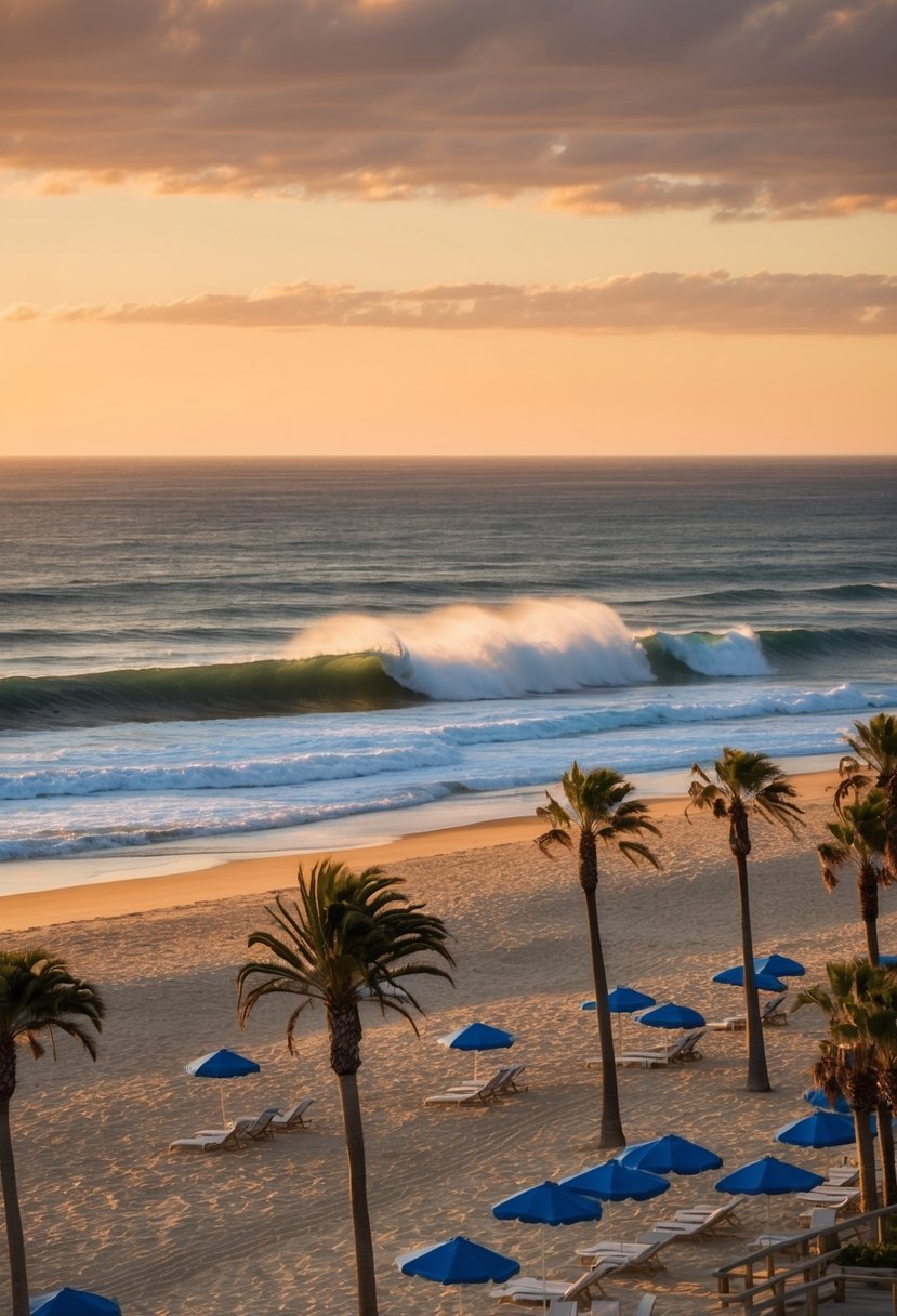 Sunset over Malibu Beach, waves crashing on golden sand, palm trees swaying in the breeze, beach umbrellas dotting the shore, a serene and idyllic scene