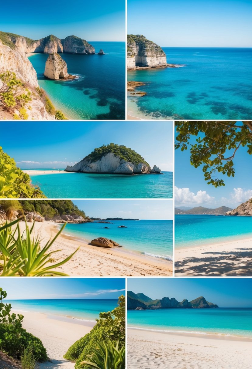 A diverse array of beach landscapes, from rocky cliffs to sandy shores, with clear blue water and vibrant plant life