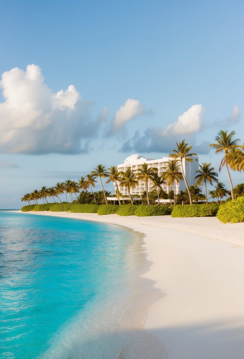 A serene beach with crystal clear water, white sand, and palm trees lining the shore. A luxurious all-inclusive resort sits in the background, offering a perfect vacation destination