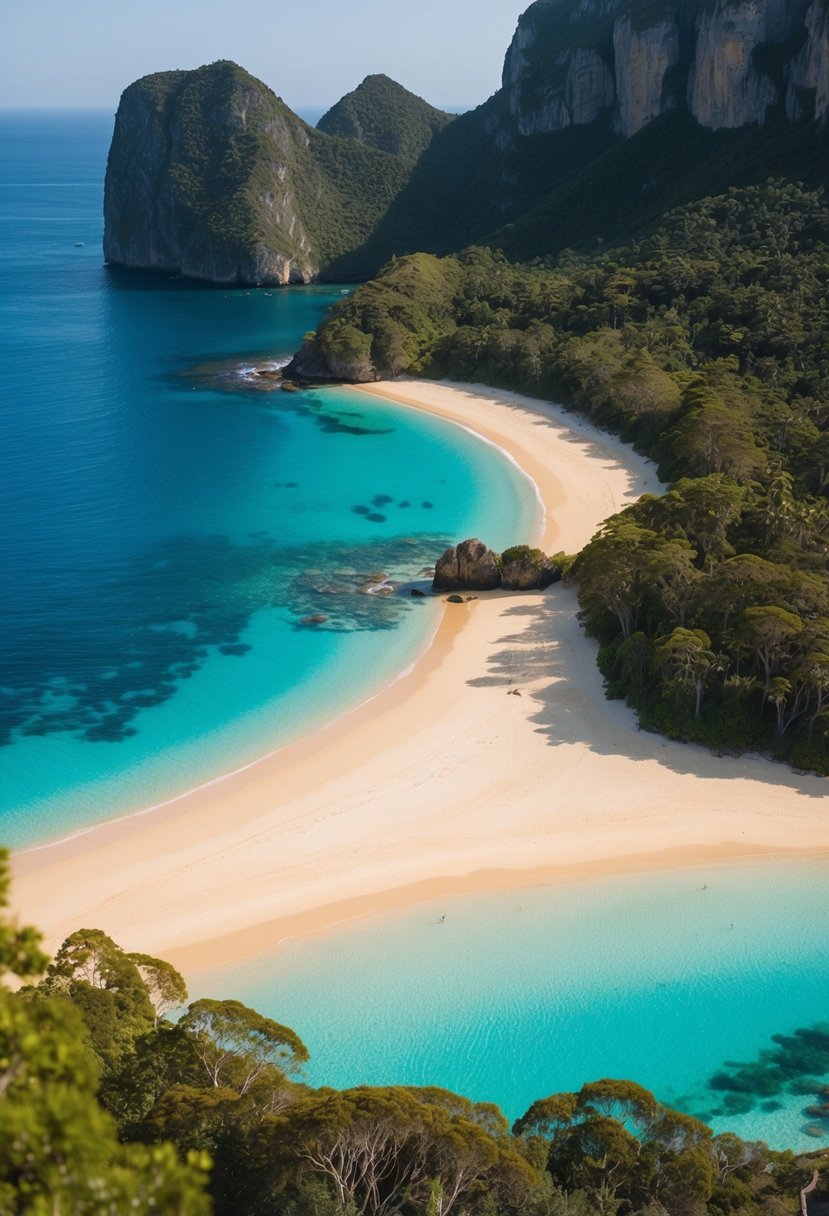 Aerial view of 5 pristine beaches with crystal blue waters and golden sand, surrounded by lush greenery and backed by towering cliffs