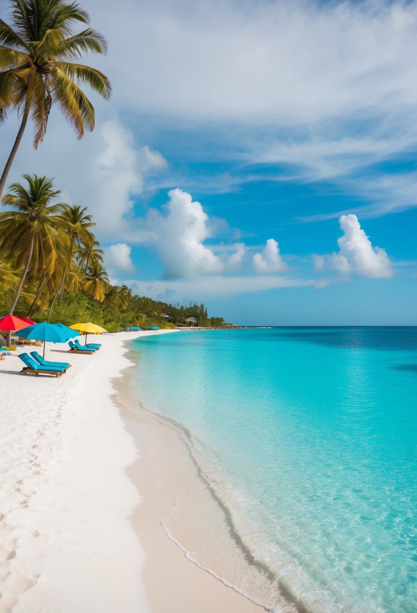 Clear turquoise water meets white sandy beach at Grace Bay, with palm trees and colorful umbrellas dotting the shoreline