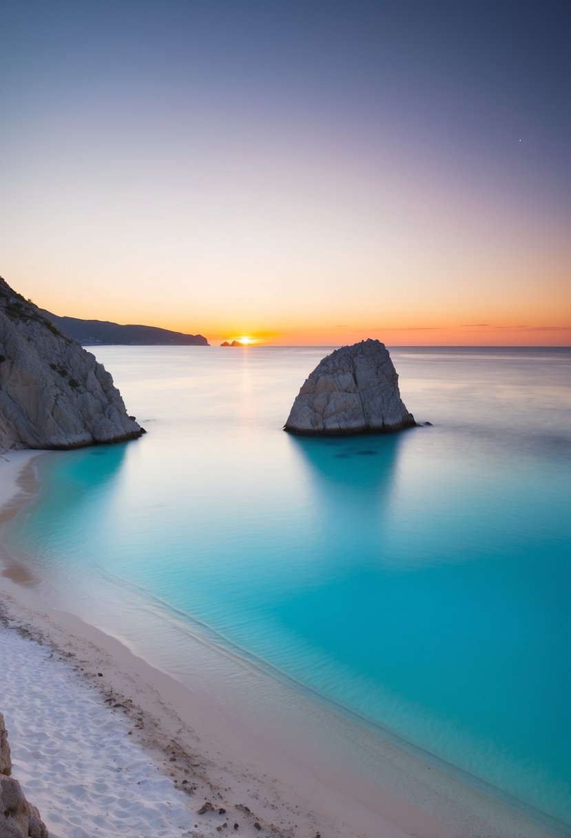 Sunset over Anse Source d'Argent, with crystal-clear turquoise water, white sandy beach, and granite rock formations